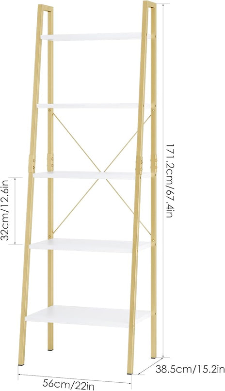finetones 5-Tier Ladder Shelf, Gold Bookcase Bookshelf with Metal Frame, Display Shelf Plant Rack Accent Furniture for Home Office, White/Golden - LeafyLoom