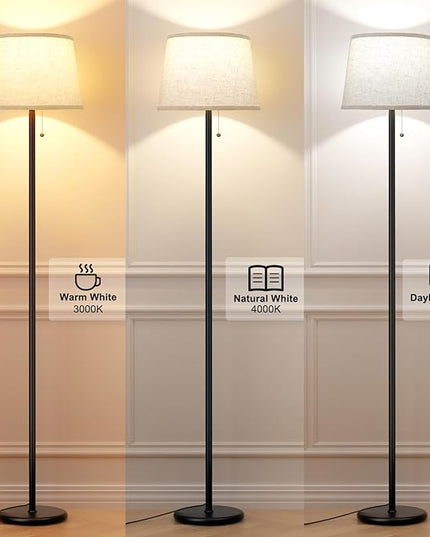 Floor Lamps for Living Room - 3 Color Temp(3000/4000/5000K) Standing Lamp with Pull Chain Switch, Black Floor Lamp with Lampshade, Modern Tall Light for Bedroom Office(9W Bulb Included) - LeafyLoom