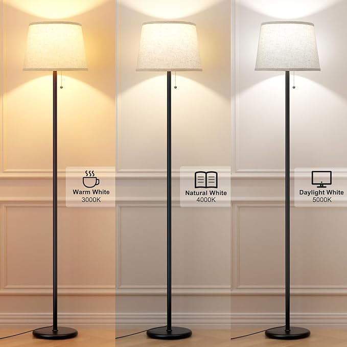 Floor Lamps for Living Room - 3 Color Temp(3000/4000/5000K) Standing Lamp with Pull Chain Switch, Black Floor Lamp with Lampshade, Modern Tall Light for Bedroom Office(9W Bulb Included) - LeafyLoom