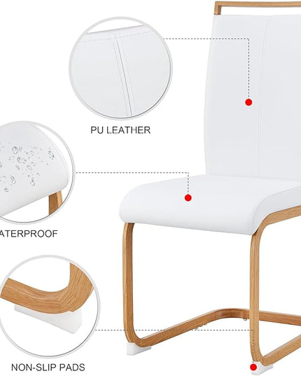 Dining Chairs Set of 6,High Back White Kitchen Chairs,Faux Leather Side Chair with Woodgrain Coloured Metal Legs,Easy to Clean Modern Upholstered Dining Chairs,Ideal for Living Room - LeafyLoom