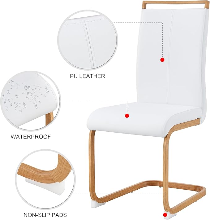 Dining Chairs Set of 6,High Back White Kitchen Chairs,Faux Leather Side Chair with Woodgrain Coloured Metal Legs,Easy to Clean Modern Upholstered Dining Chairs,Ideal for Living Room - LeafyLoom
