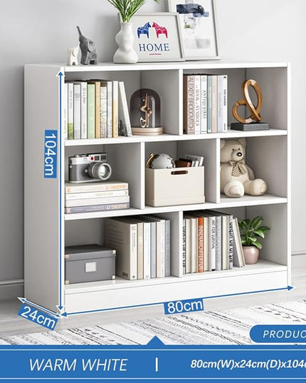 IOTXY Open Shelf Low Bookcase - Wooden 3-Tier Floor Standing Display Cabinet Organizer with Base, 7 Cubes Short Horizontal Bookshelf in Warm White - LeafyLoom