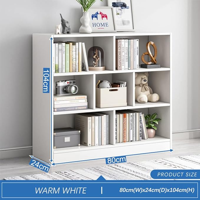 IOTXY Open Shelf Low Bookcase - Wooden 3-Tier Floor Standing Display Cabinet Organizer with Base, 7 Cubes Short Horizontal Bookshelf in Warm White - LeafyLoom