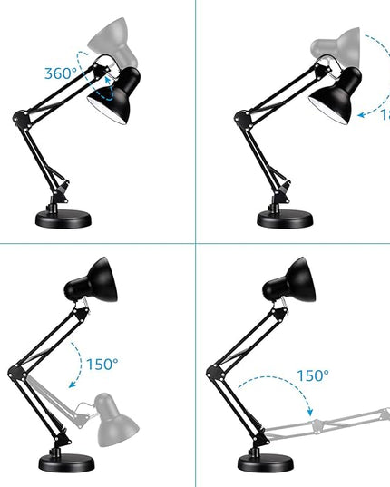 TORCHSTAR Metal Desk Lamp with Clamp, Swing Arm , Architect Adjustable Gooseneck Table Lamp, Clip Desk Lights for Home Office, Work, Study, Reading, E26 Base, Multi-Joint, Black - LeafyLoom