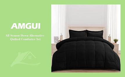 AMGUI King Comforter Set 3 Pieces - Goose Down Alternative with 2 Pillow Shams - Extra Thick - Soft and Comfortable - Machine Washable (King,Black) - LeafyLoom