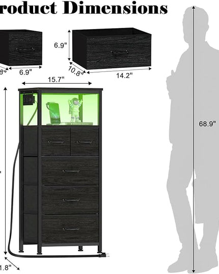 Furnulem Vertical Dresser with Charging Station and LED Lights, Black Chest of Drawers with Shelf and 5 Fabric Bins, Tall Nightstand for Entryway, Closet, Bedside Table, Wood Top, Bedroom Furniture - LeafyLoom