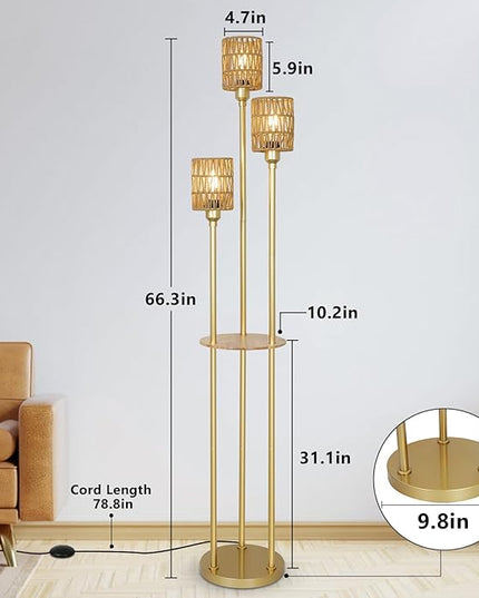 Dimmable Boho Floor Lamps for Living Room, 3-Lights Farmhouse Floor Lamp with 3-Way Foot Switch, Gold Floor Lamp with Shelves, Rustic Standing Lamp with Rattan Shades, Tall Lamps for Bedroom - LeafyLoom