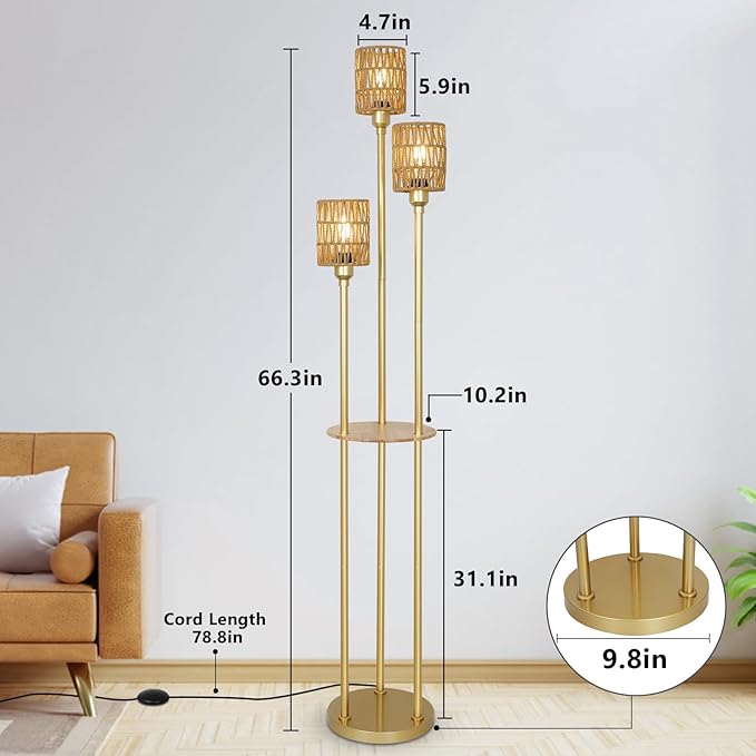 Dimmable Boho Floor Lamps for Living Room, 3-Lights Farmhouse Floor Lamp with 3-Way Foot Switch, Gold Floor Lamp with Shelves, Rustic Standing Lamp with Rattan Shades, Tall Lamps for Bedroom - LeafyLoom