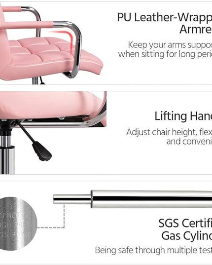 Yaheetech Desk Chairs with Wheels/Armrests Modern PU Leather Office Chair Height Adjustable Home Computer Executive Chair on Wheels 360° Swivel - Pink - LeafyLoom