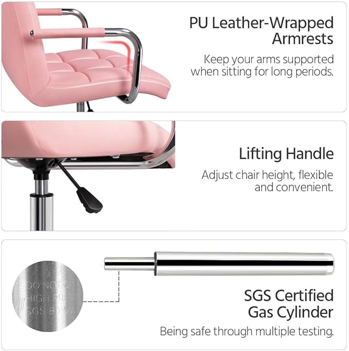 Yaheetech Desk Chairs with Wheels/Armrests Modern PU Leather Office Chair Height Adjustable Home Computer Executive Chair on Wheels 360° Swivel - Pink - LeafyLoom