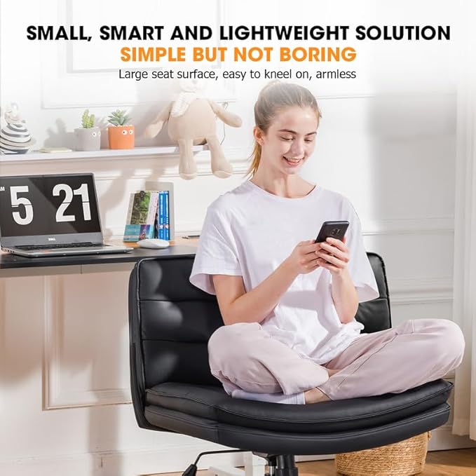 COMHOMA Criss Cross Chair with Wheels, Armless Wide Cross Legged Office Chair Mid Back, Modern Home Office Desk Chair Swivel Adjustable Vanity Computer Chair, Black - LeafyLoom