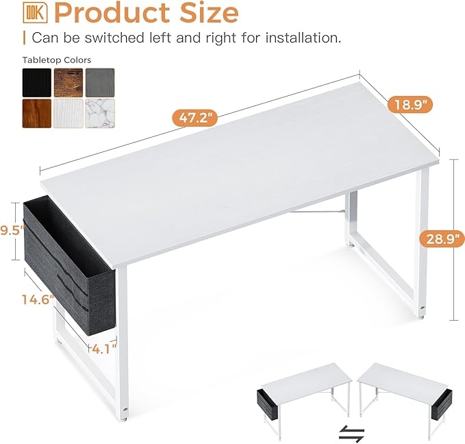 ODK Computer Desk Large Office Desk, 48 Inch Writing Desk with Storage, Modern PC Desk Work Table with Headphone Hook for Home Office, White + White Leg - LeafyLoom