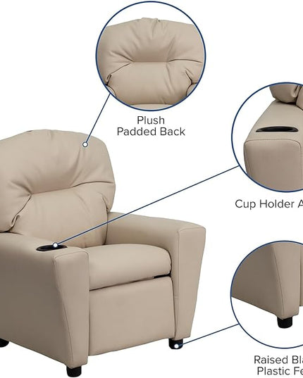 Flash Furniture Chandler Vinyl Kids Recliner with Cup Holder and Safety Recline, Contemporary Reclining Chair for Kids, Supports up to 90 lbs., Beige - LeafyLoom
