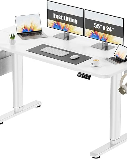 Electric Standing Desk Adjustable Height Stand Up Desk, 55" x 24" Sit Stand Desk, Low Noise Home Office Desk, Computer Desk with Splice Board, Child Lock & Memory Function, White - LeafyLoom