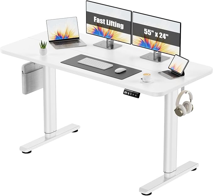 Electric Standing Desk Adjustable Height Stand Up Desk, 55" x 24" Sit Stand Desk, Low Noise Home Office Desk, Computer Desk with Splice Board, Child Lock & Memory Function, White - LeafyLoom