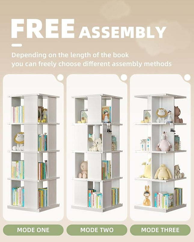 Rotating Bookshelf, 4-Shelf 360° Solid Wood Book shelf Tower, Stackable Revolving Bookcase Organizer for Living Room, Bedroom, Study(White 4 Tier) - LeafyLoom