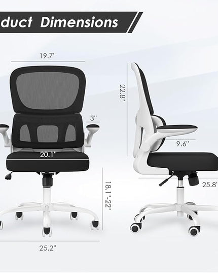 Soohow Ergonomic Home Office Chair, Mesh Desk Chair with Lumbar Support, Comfy Computer Desk Chair with Flip Armrest Rolling Wheels, White. - LeafyLoom