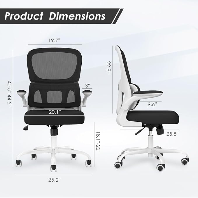 Soohow Ergonomic Home Office Chair, Mesh Desk Chair with Lumbar Support, Comfy Computer Desk Chair with Flip Armrest Rolling Wheels, White. - LeafyLoom