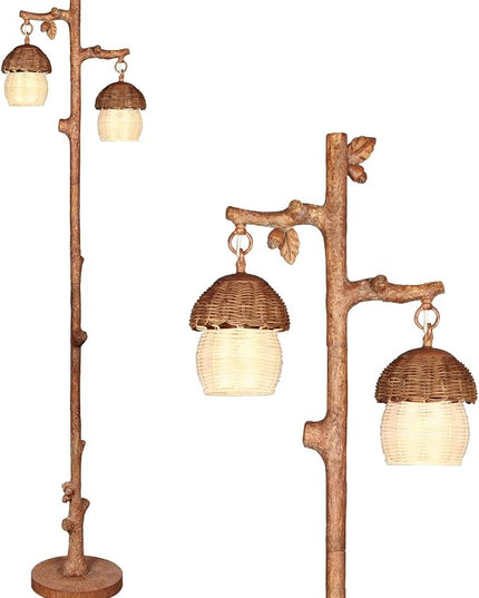 Rattan Floor Lamp with Faux Wood Finish, Boho Floor Lamps with Faux Pinecone and Leaves Decor, Brown - LeafyLoom