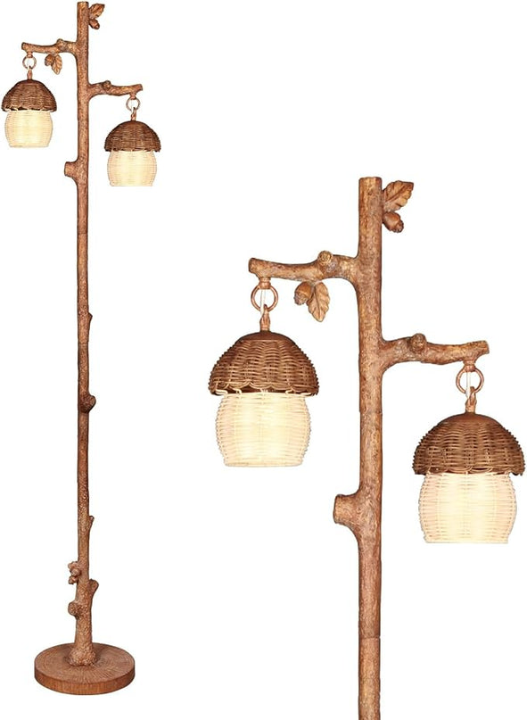 Rattan Floor Lamp with Faux Wood Finish, Boho Floor Lamps with Faux Pinecone and Leaves Decor, Brown - LeafyLoom