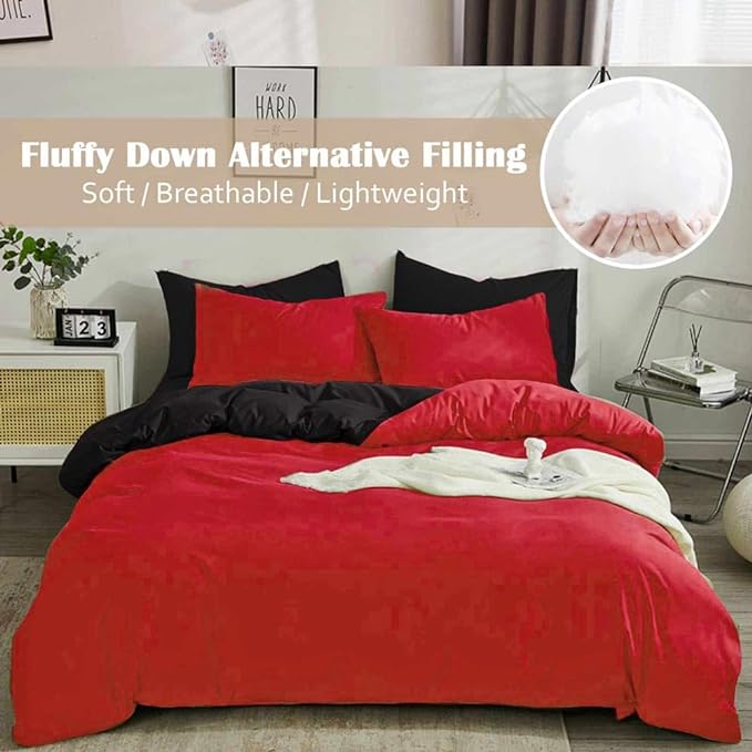 ETDIFFE Red Black King Size Comforter, 3 Piece Soft Modern Christmas Reversible Bedding Set, Lightweight All Season Microfiber Down Alternative Bed Comforter with 2 Pillow Shams for Women Men - LeafyLoom