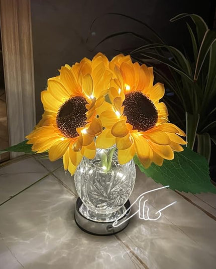 Sunflower Lamp Artificial LED Sunflower Flowers with Glass Vase Table Lamp Night Light for Home Office Decor House Decorations Gift Idea - Rechargeable (3Sunflower) - LeafyLoom