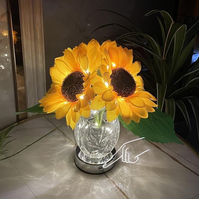 Sunflower Lamp Artificial LED Sunflower Flowers with Glass Vase Table Lamp Night Light for Home Office Decor House Decorations Gift Idea - Rechargeable (3Sunflower) - LeafyLoom