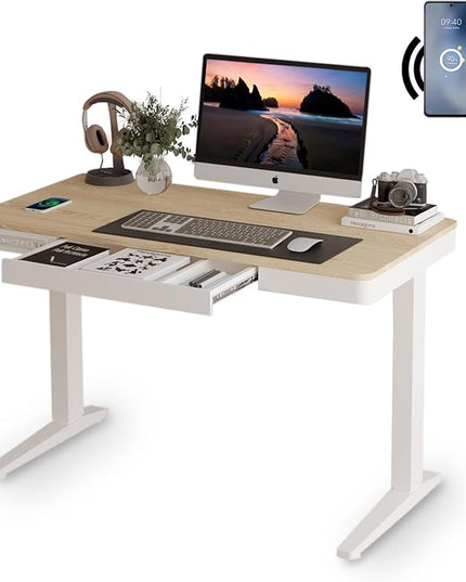 Standing Desk with Drawer and Wireless Charging,48x24 inch Dual Motor Standing Desk, Sit Stand Desk with Whole-Piece Desktop,Stand Up Desk for Home Office(White Oval Legs + Bamboo Top) - LeafyLoom