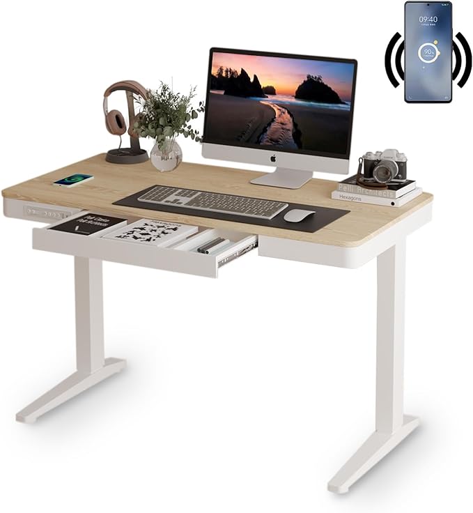 Standing Desk with Drawer and Wireless Charging,48x24 inch Dual Motor Standing Desk, Sit Stand Desk with Whole-Piece Desktop,Stand Up Desk for Home Office(White Oval Legs + Bamboo Top) - LeafyLoom