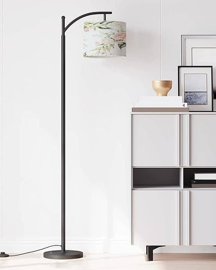 Modern Arc Floor Lamp with Dimmer Mid Century Seamless watercolor floral pink flowers green leaves branches white Metal Standing Lamp with Linen Shade Footswitch for Living Room Bedroom Office - LeafyLoom