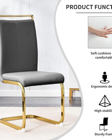 Modern Dining Chairs Set of 6,High Back Grey Kitchen Chairs,Faux Leather Side Chair with Gold Plated Metal Legs,Easy to Clean Upholstered Dining Chairs,Ideal for Living Room(Gold Leg) - LeafyLoom