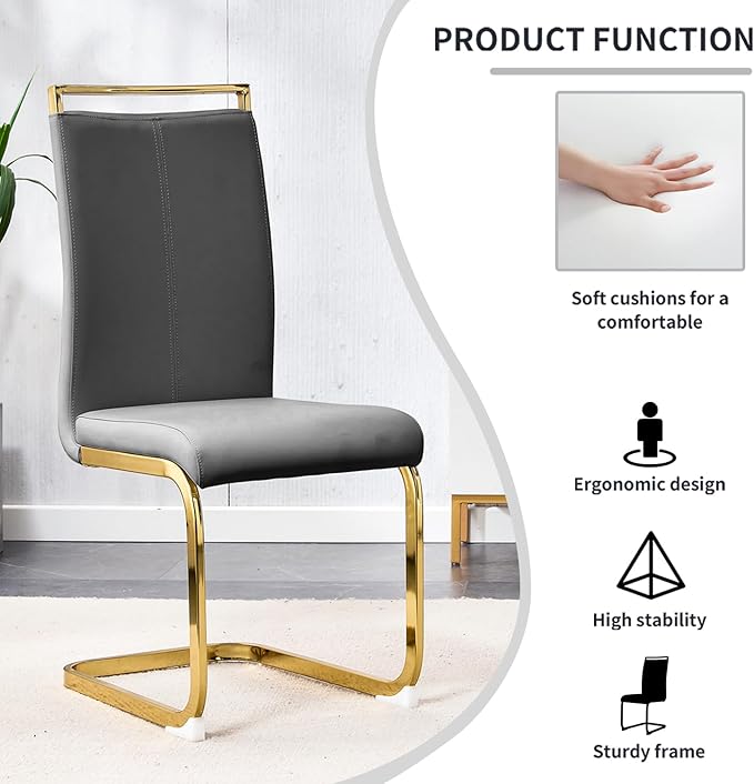 Modern Dining Chairs Set of 6,High Back Grey Kitchen Chairs,Faux Leather Side Chair with Gold Plated Metal Legs,Easy to Clean Upholstered Dining Chairs,Ideal for Living Room(Gold Leg) - LeafyLoom