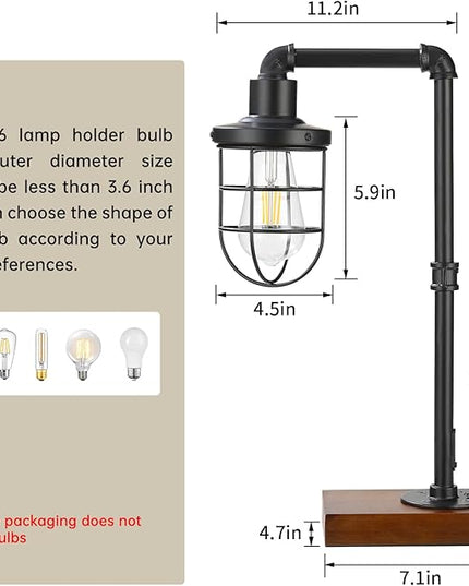 CONCA Steampunk Table Lamp, Industrial Table Lamp, E26 Base Rustic Edison Lighting, Caged Wood Base Iron Tube Table Lamp (B-Black) - LeafyLoom