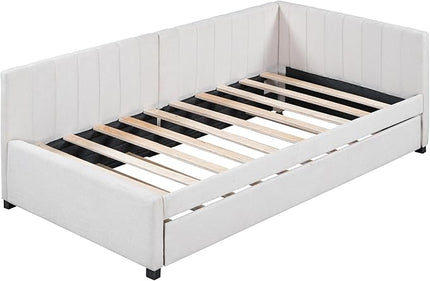 Merax Linen Fabric Upholstered Daybed with Trundle Bed, Twin Size Wodden Sofa Bed for Living Room, Guest Room, Children's Room, Beige - LeafyLoom