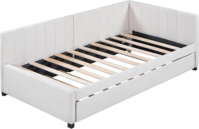Merax Linen Fabric Upholstered Daybed with Trundle Bed, Twin Size Wodden Sofa Bed for Living Room, Guest Room, Children's Room, Beige - LeafyLoom