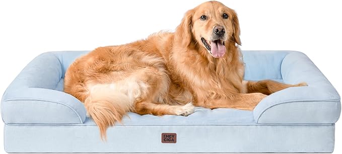 EHEYCIGA Orthopedic Dog Bed for Large Dogs, Waterproof Memory Foam with Sides, Non-Slip Bottom and Egg-Crate Foam Couch Bed with Washable Removable Cover, Light Blue EHEYCIGA