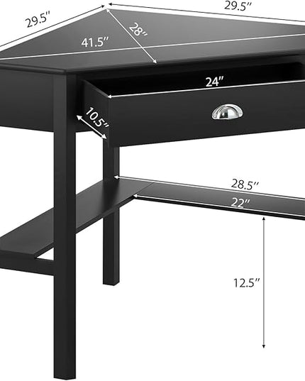 Nightcore Small, Wood Computer Desk, Compact Writing w/Drawer & Storage Shelves, Space Saving Study Workstation, Laptop PC Corner Table, Black - LeafyLoom
