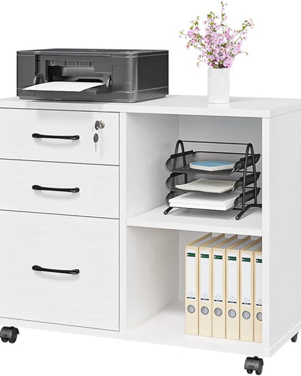 3 Drawer File Cabinets, Mobile Lateral Printer Stand with Open Shelf, Rolling Filing Cabinet with Wheels Home Office Organization and Storage (White) - LeafyLoom