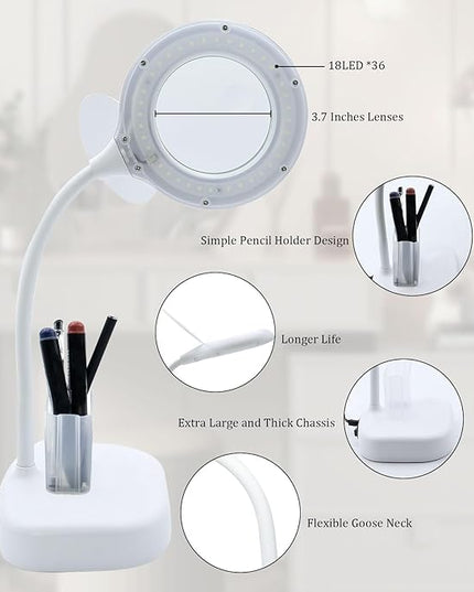 5X Magnifying Glass Lamp, 2-in-1 Magnifier Light, 36 Beads Desk Lighted and 10X Magnifiers Lamps Flexible Gooseneck Stand LED Desk Magnifiers Glass with Light Hands Free for Craft Reading - LeafyLoom