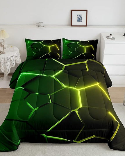 Honeycomb Comforter Green Yellow Hexagonal Print Bedding Set for Kids Boys Girls Children Beehive Geometrical Comforter Set Ultra Soft Decor Reticulated Duvet Set Twin Size - LeafyLoom