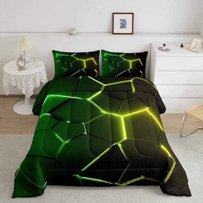 Honeycomb Comforter Green Yellow Hexagonal Print Bedding Set for Kids Boys Girls Children Beehive Geometrical Comforter Set Ultra Soft Decor Reticulated Duvet Set Twin Size - LeafyLoom