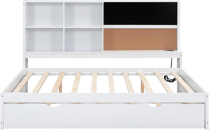 Wooden Full Size Daybed with Twin Trundle, USB Ports, Storage Shelves, Blackboard, Cork board, White - LeafyLoom