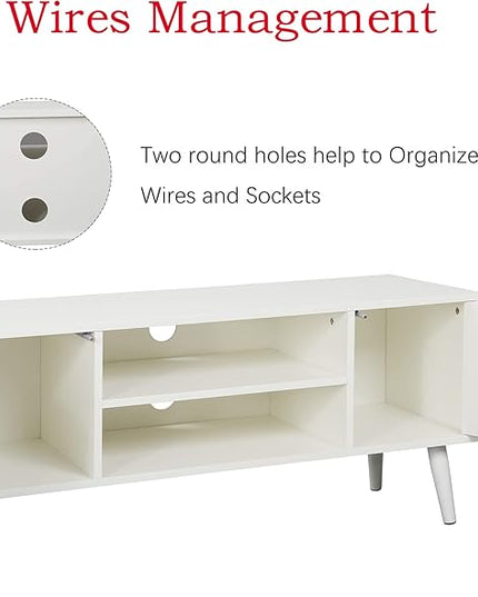 Yusong Retro TV Stand for 55 Inch TV, Entertainment Centers for Living Room Bedroom, Wood TV Bench Table TV Console TV Cabinet with 2 Storage Cabinets and Open Shelves,White - LeafyLoom