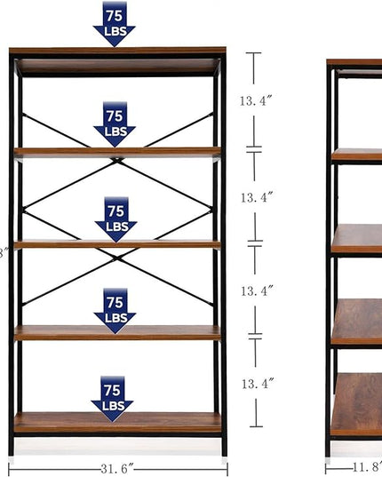 Himimi Industrial Bookshelf 5-Tier, Bookcase 58" H Ladder Shelf, Storage Shelves Rack Shelf Unit, Accent Furniture Metal Frame, Home Office Furniture for Bathroom, Living Room, Vintage Brown - LeafyLoom