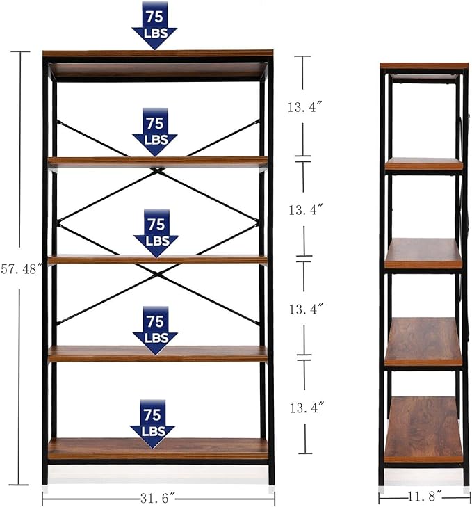 Himimi Industrial Bookshelf 5-Tier, Bookcase 58" H Ladder Shelf, Storage Shelves Rack Shelf Unit, Accent Furniture Metal Frame, Home Office Furniture for Bathroom, Living Room, Vintage Brown - LeafyLoom