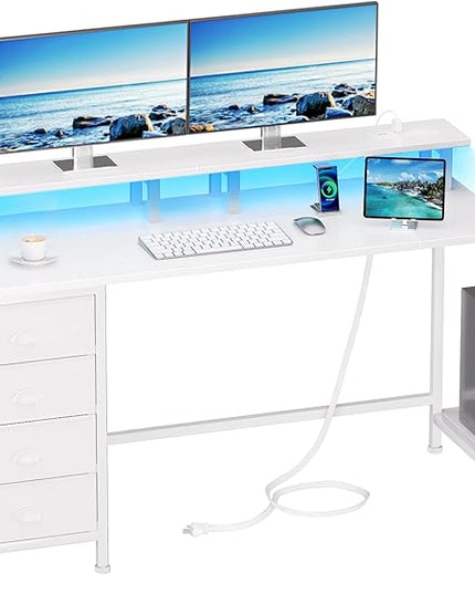 Furologee 55in Computer Desk with 4 Drawers, LED Gaming Desk with Power Outlets, Office Desk with Full Monitor Stand and Storage Shelf, Study Work Desk for Home Office Bedroom, White - LeafyLoom