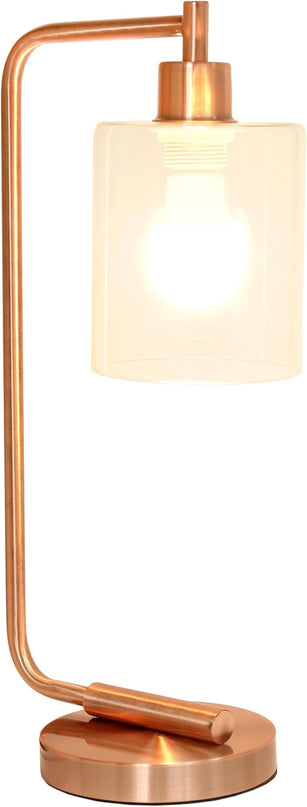 Simple Designs LD1036-RGD-LB 18.8" Industrial Bronson Antique Style Iron Lantern Desk Table Lamp with Glass Shade for Home Décor, Office, Living Room, Bedroom, Rose Gold, with Feit LED Bulb Included - LeafyLoom