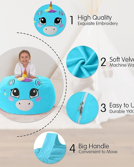Aubliss Unicorn Stuffed Animal Storage, Velvet Bean Bag Chairs Cover, X-Large 38" Ultra Soft Kids Toy Storage Organizer for Blankets Towels Clothes Home Supplies, Blue Big Eyes - LeafyLoom
