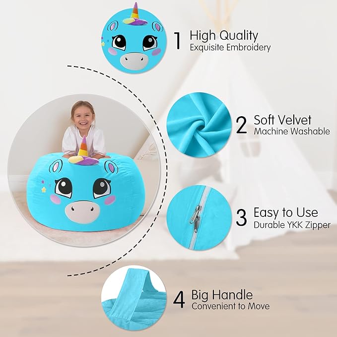 Aubliss Unicorn Stuffed Animal Storage, Velvet Bean Bag Chairs Cover, X-Large 38" Ultra Soft Kids Toy Storage Organizer for Blankets Towels Clothes Home Supplies, Blue Big Eyes - LeafyLoom