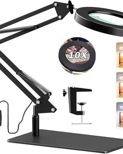 Magnifying Glass with Light and Stand,10X Magnifying LED Desk Lamp with Base & Clamp,3 Color Modes,10 Adjustable Brightness 2-in-1 Adjustable Swivel Arm Lamp Craft Light for Hobby Reading - LeafyLoom